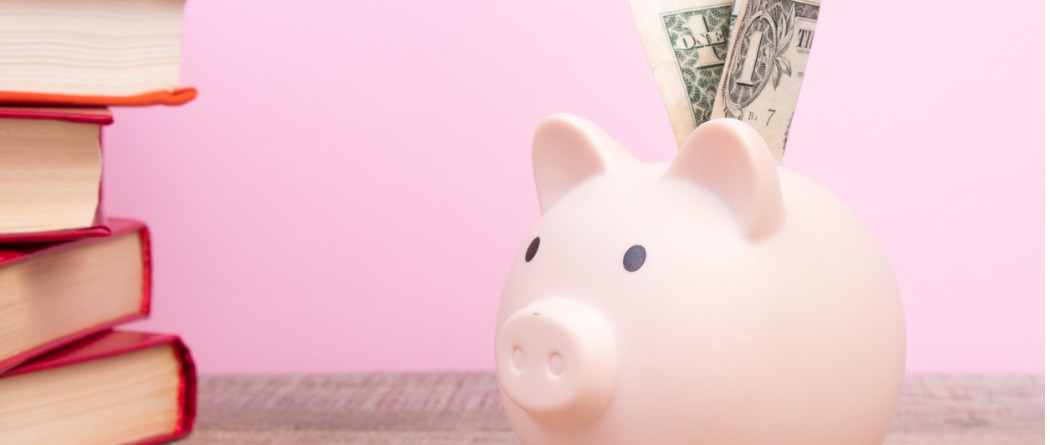 Piggy bank with money and books